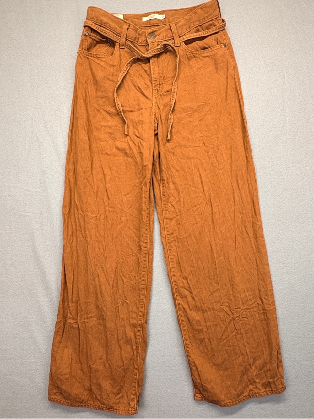 Levis Premium Womens XL Straight Linen Pants 25 Brown Mid Rise Baggy Loose